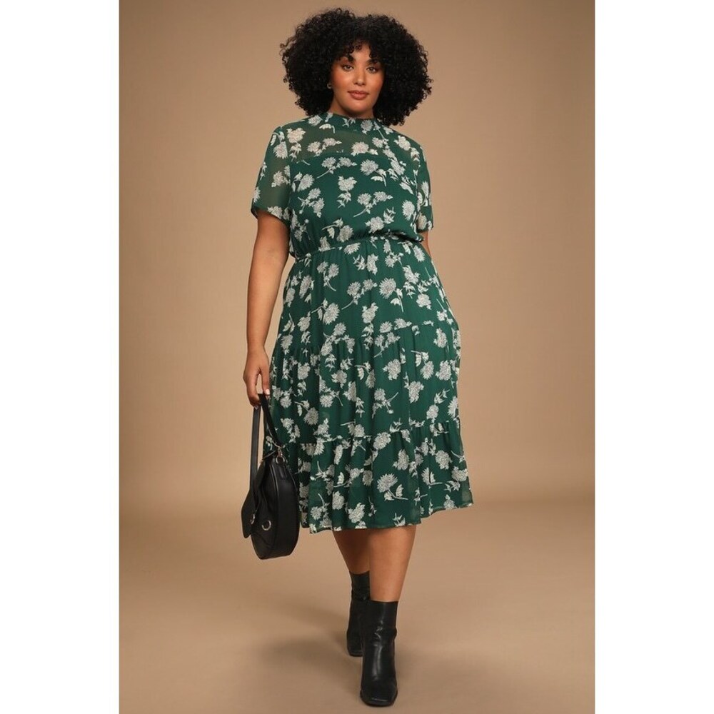 Lulus Floral Dressed Up Dark Green Floral Print Midi Dress - Size L